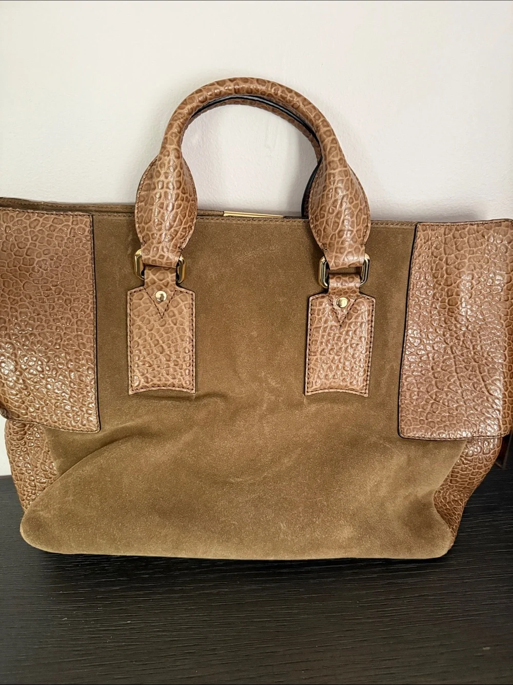 Burberry Brown Suede & Croc-Trim Satchel with Gold Hardware